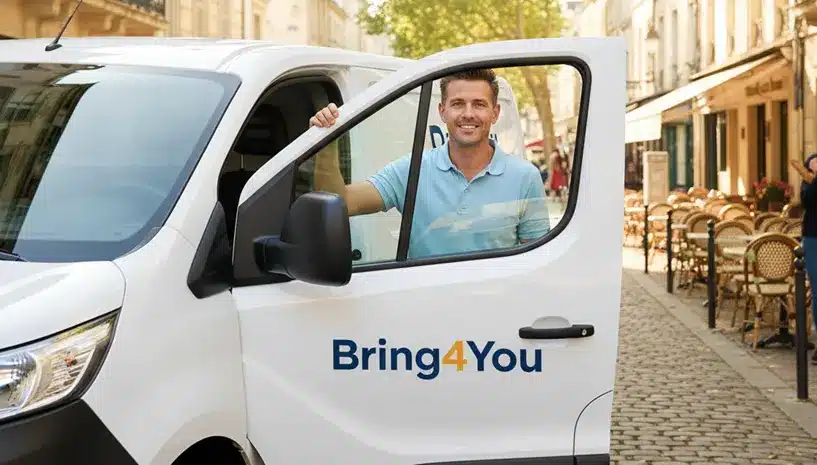 Transporteur souriant devant une camionnette Bring4You